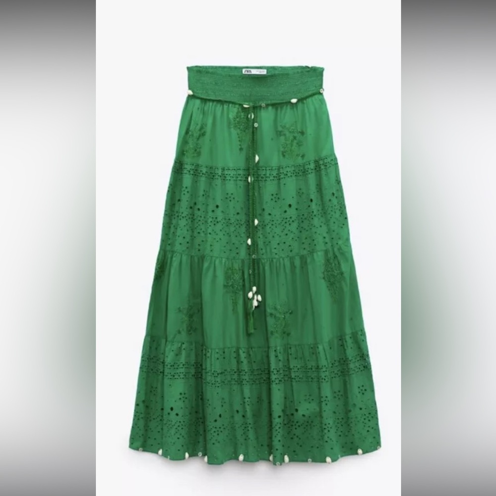 ZARA Green Embroidery Maxi Skirt